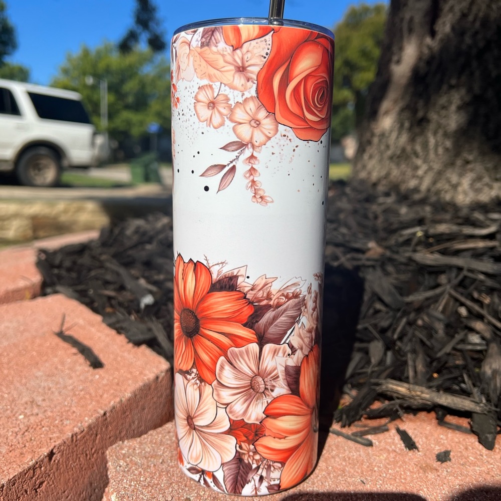 Fall floral designed 20oz stainless steel tumbler with metal straw